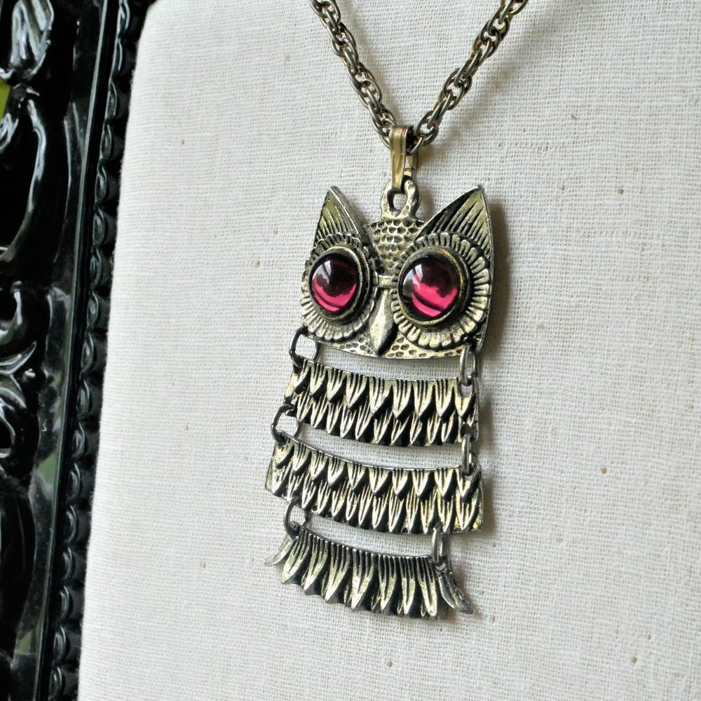 Vintage Owl Necklace with Purple Glass Eyes